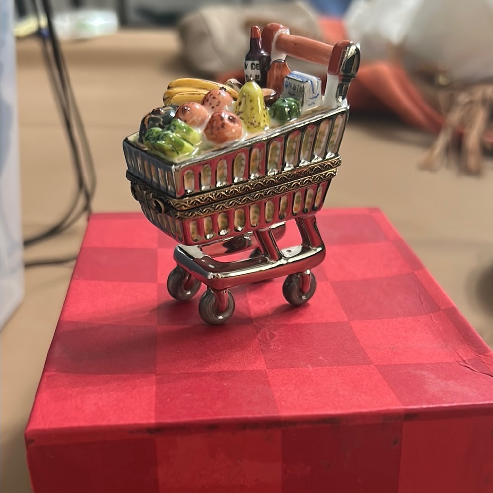 Miniature Shopping Cart Figurine with Groceries
